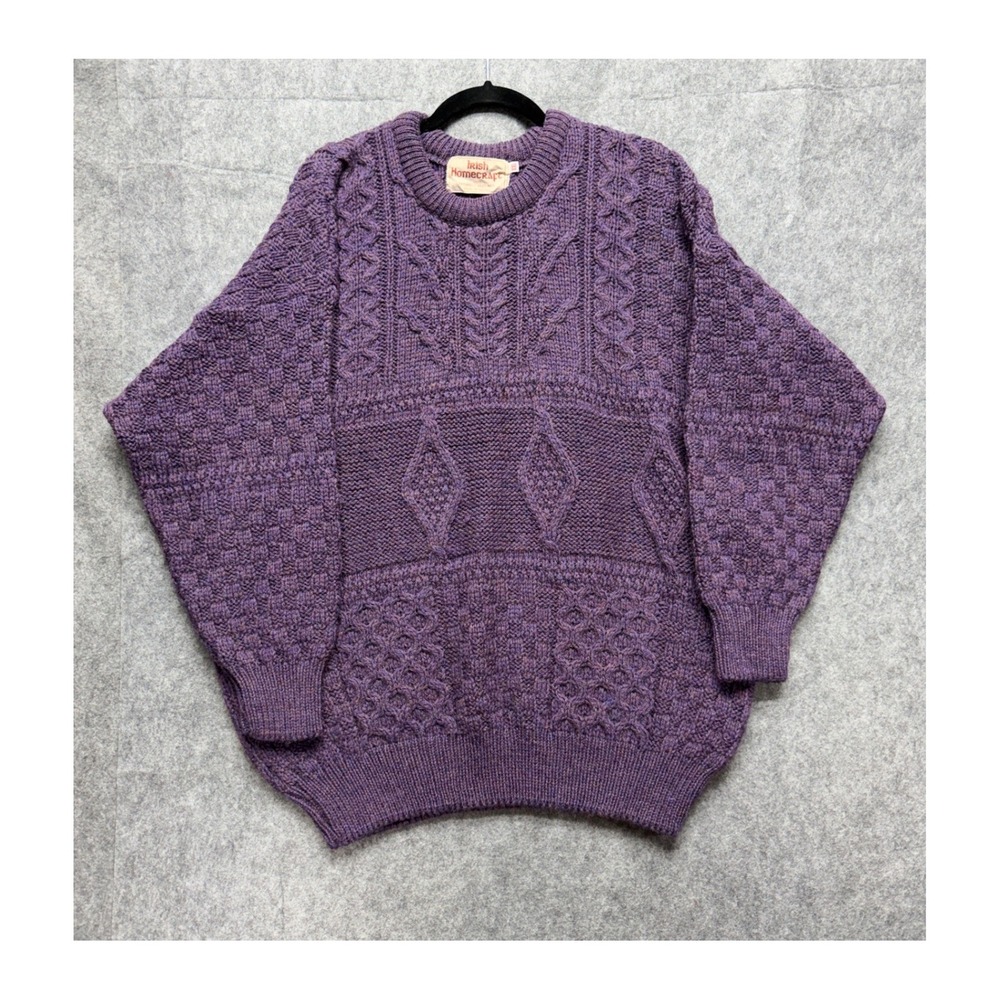 Vintage Irish Homecraft Purple Wool Cable Knit Aran Sweater Made in Ireland XXL